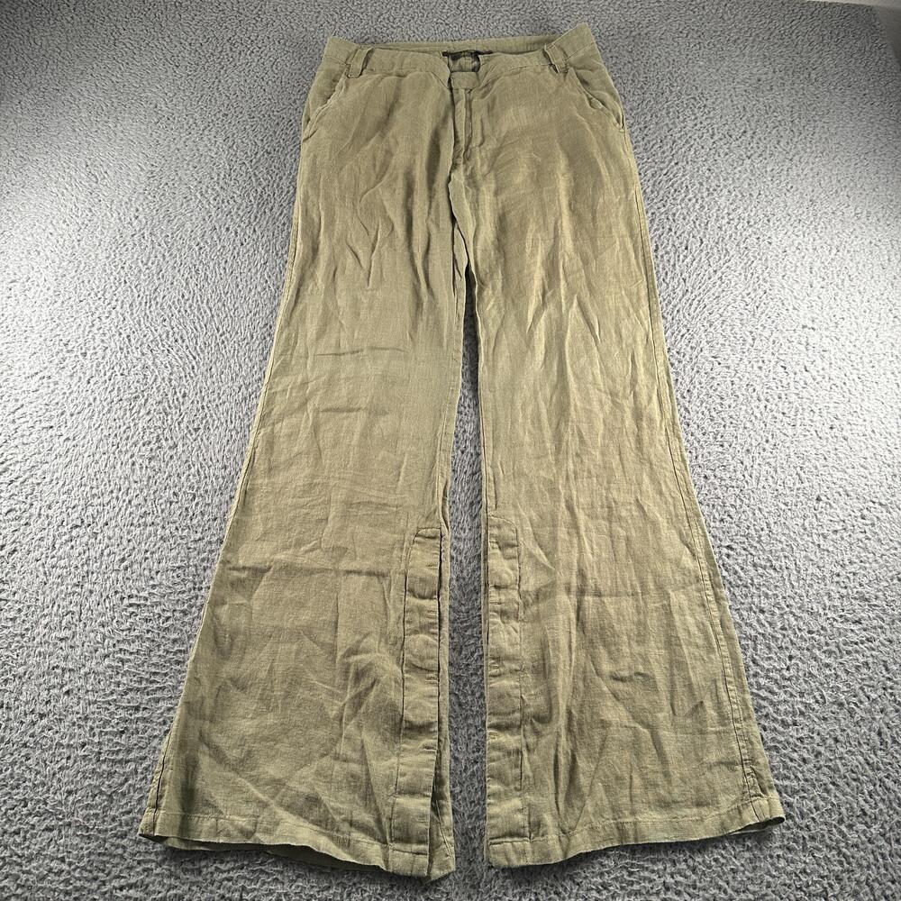 Nicholas K Pants Womens 2 Green Linen Relaxed Wide Leg Button Hem Casual Travel